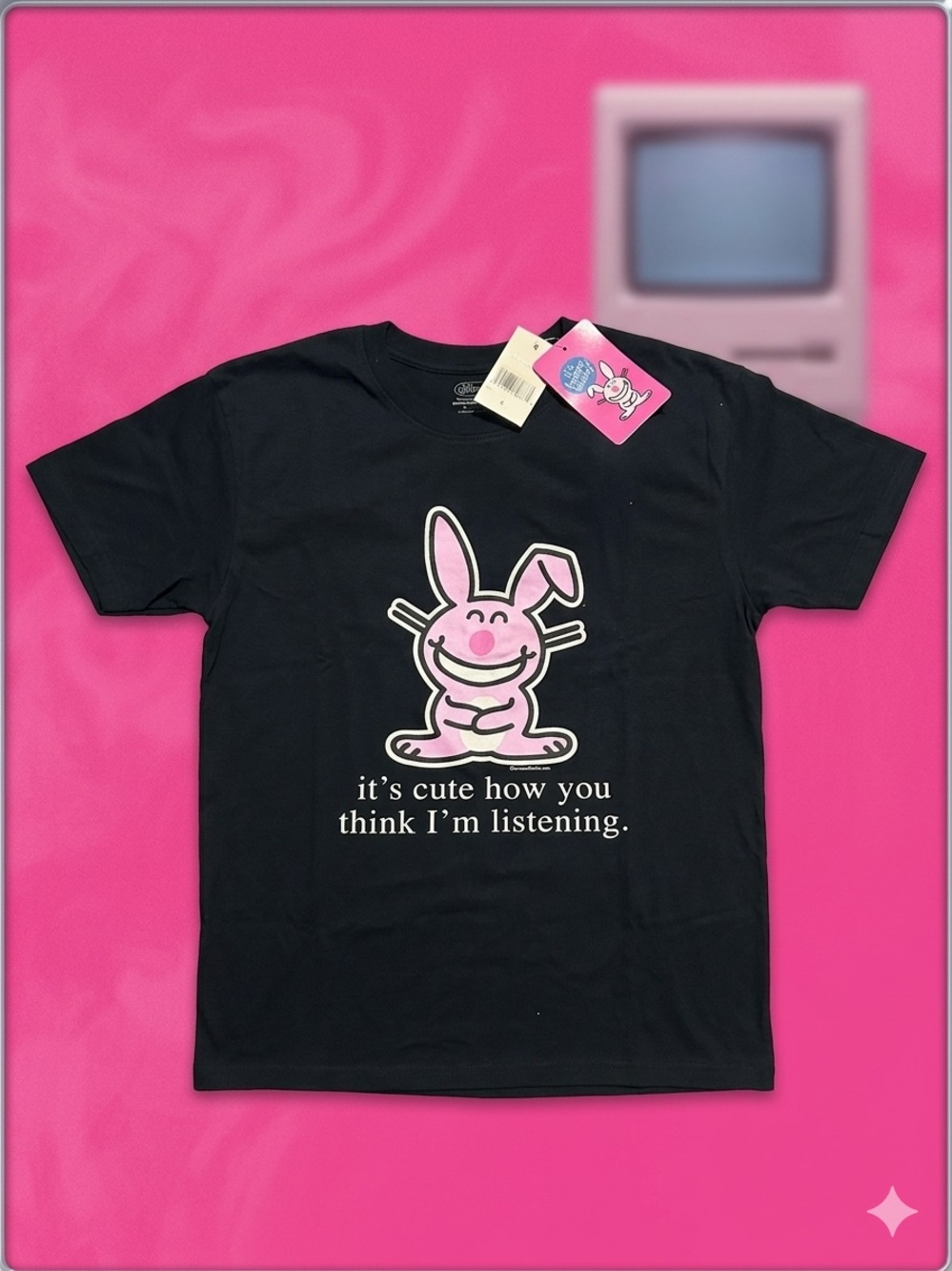 Black Graphic Tee with Happy Bunny and Slogan